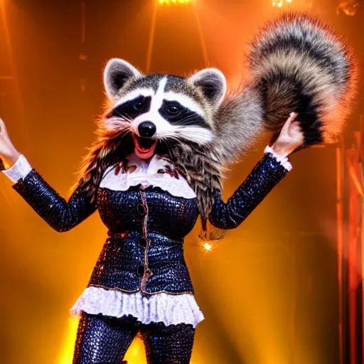 Prompt: anthropomorphic raccoon dressed as dolly parton, 4k, live concert photography