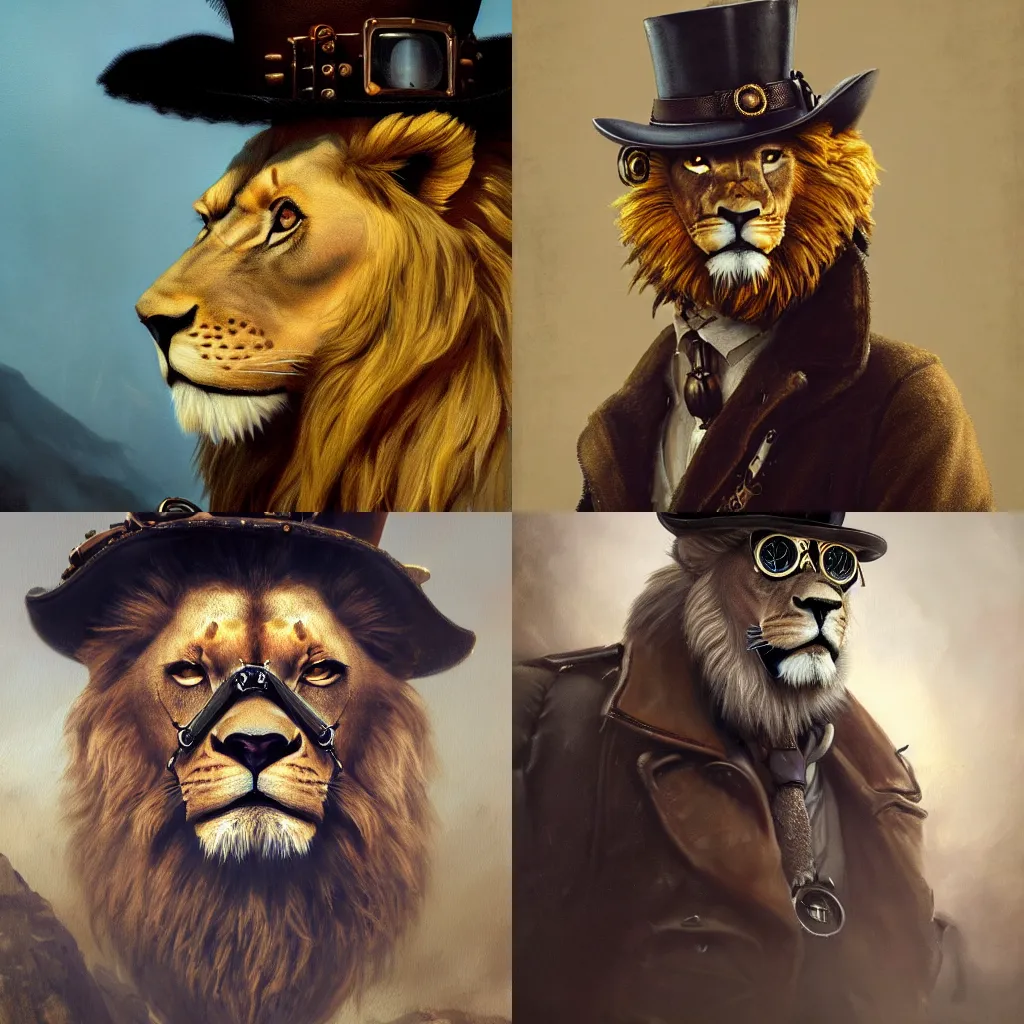 Prompt: oil painting portrait of handsome lion face, wearing steampunk hat, detective coat, steampunk monocle, upper body,sharp focus, fantasy style, octane render, volumetric lighting, 8k high definition, by greg rutkowski, highly detailed, trending on art station,