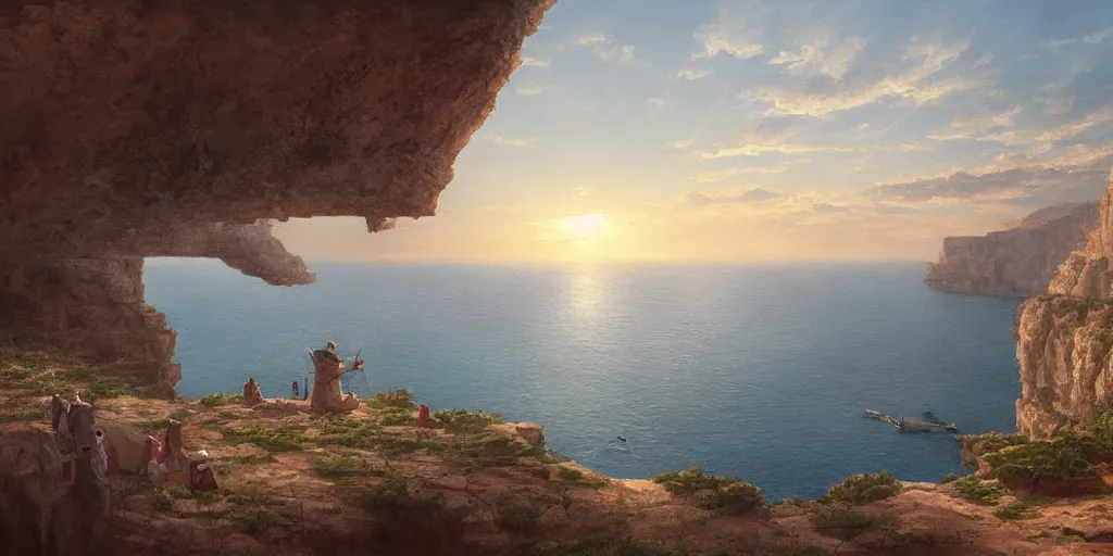 Image similar to looking out a porthole window on a cliff, wide angle, sunset, a mediterranean phoenician fishing village below, over a chalk cliff, highly detailed, digital painting, artstation, concept art, sharp focus, illustration, art by artgerm and greg rutkowski and raphael lacoste and magali villeneuve