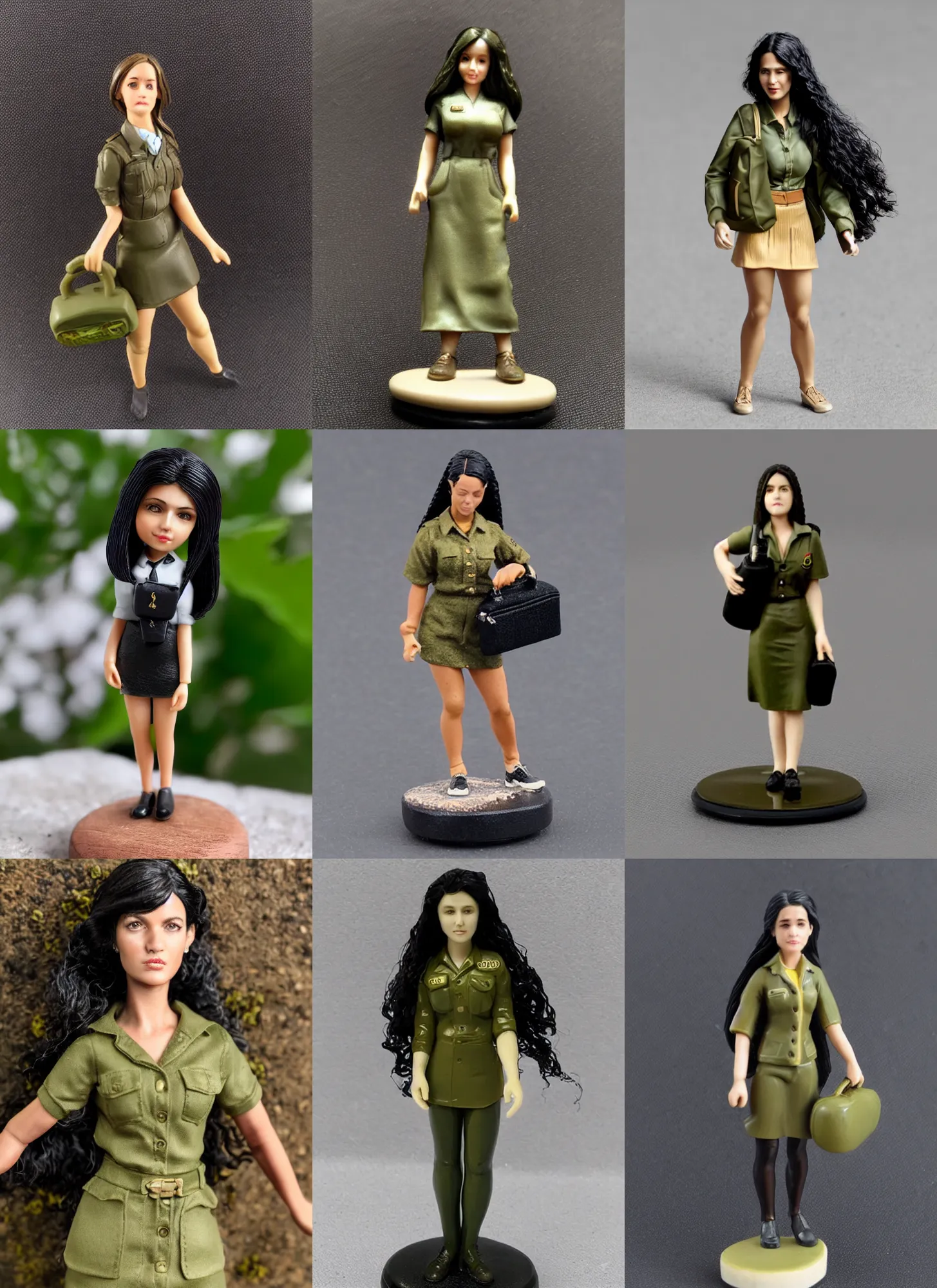 Prompt: 80mm resin detailed miniature of a female, olive skin, uniform, long black hair, school bag, on textured disc base ;Miniature product Photo, 4K, Full body