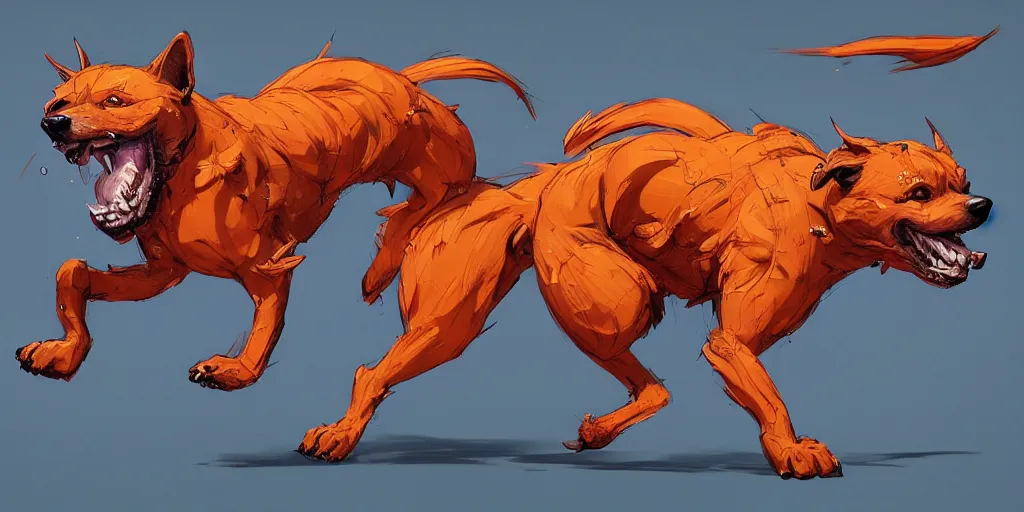 Image similar to cartoonish antropomorphic doggo running, vivid colors, character sheet, fine details, concept design, contrast, kim jung gi, greg rutkowski, trending on artstation, 8 k, full body, turnaround, front view, back view, ultra wide angle