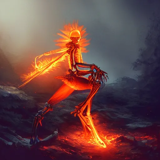 Prompt: Flaming Skeleton, dramatic lighting, digital fantasy concept art, 4K, high resolution, trending on artstation