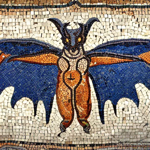 Image similar to medium shot Mosaic depicting a cute realistic adorable vampire bat, realistic wings, looking left, round blue background, from Italica, AD 176-275. Archaeological Museum, Seville. Byzantine mosaics, highly detailed, HQ, HD, beautiful, National Geographic,