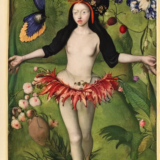 Prompt: portrait of a harpy girl with antlers changing into a flower in a botanical garden, fashion editorial by hans holbein, alexej von jawlensky, clifford judson huss, full body