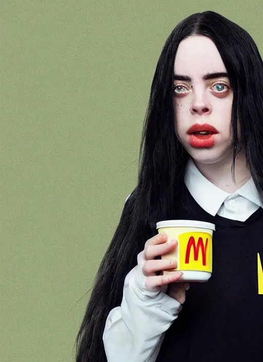 Prompt: ad photo of billie eilish with a mcdonalds uniform, tv, highly detailed