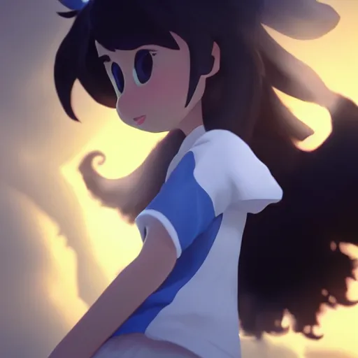 Image similar to a wholesome animation key shot of a girl with long dark blue hair and a fluffy black and white tail, medium shot, studio ghibli, pixar and disney animation, sharp, rendered in unreal engine 5, anime key art by greg rutkowski, bloom, dramatic lighting