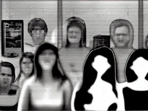 Image similar to a group of people staring at the viewer, blurred faces, night b&w, found footage, VHS, 240p