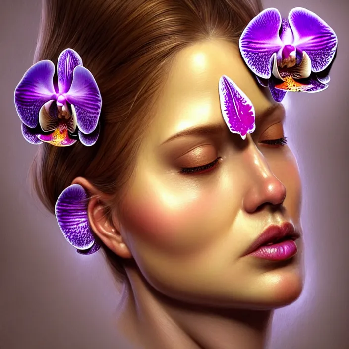 Image similar to face made of orchid, diffuse lighting, fantasy, intricate, elegant, highly detailed, lifelike, photorealistic, digital painting, artstation, illustration, concept art, smooth, sharp focus, art by Giuseppe Arcimboldo