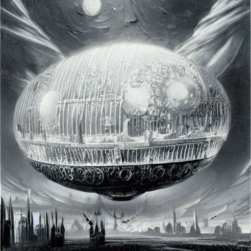 Image similar to enormous flying city in a faberge egg, sky, steampunk, fantasy art, masterpiece, hugh ferriss, digital, peder balke