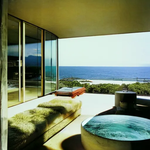 Prompt: a case study house overlooking the pacific ocean, photographed by julius shulman