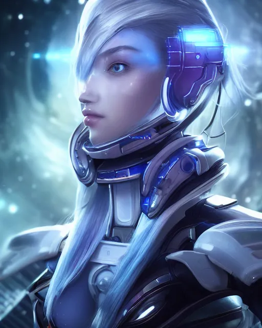 Image similar to perfect android girl on a mothership, warframe armor, beautiful face, scifi, futuristic, galaxy, nebula, raytracing, dreamy, long white hair, blue cyborg eyes, sharp focus, cinematic lighting, highly detailed, artstation, divine, by gauthier leblanc, kazuya takahashi, huifeng huang