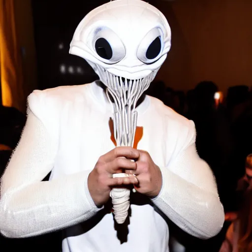 Prompt: a singer wearing white alien costume, holding an intricate futuristic wand, new years eve