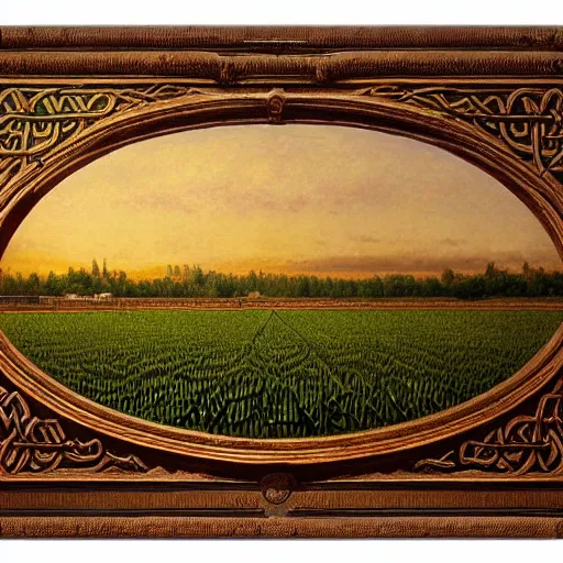 Image similar to a beautiful and highly detailed matte painting of a baseball field in a corn field, celtic knots, intricate details, epic scale, insanely complex, 8 k, sharp focus, hyperrealism, very realistic, by caspar friedrich, albert bierstadt, james gurney, brian froud,