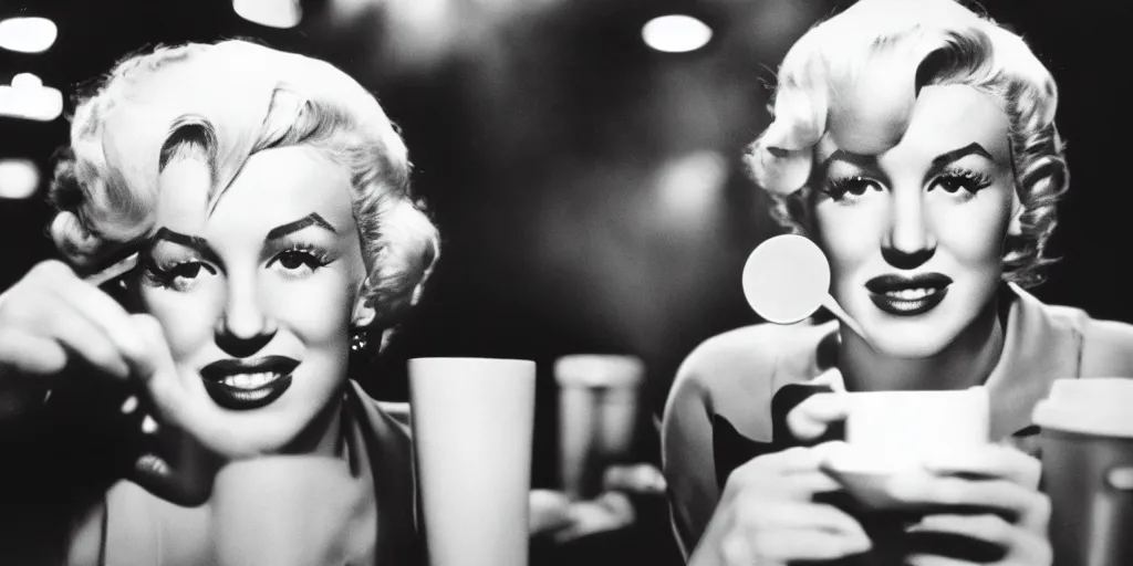 Image similar to A close-up, color cinema film still of a marlin monroe drinking coffee at a starbucks, ambient lighting at night.