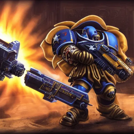 Image similar to chaos space marine shooting his bolter, ultra realistic, octane render