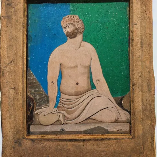 Prompt: painting of a thinking man sitting on a stone surrounded by faries, greek