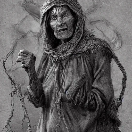 Prompt: old crone, full body, in old wooden hut, rotted teeth, mystical, volumetric lighting, super detailed intricate, in the style of Filipe Pagliuso on Artstation