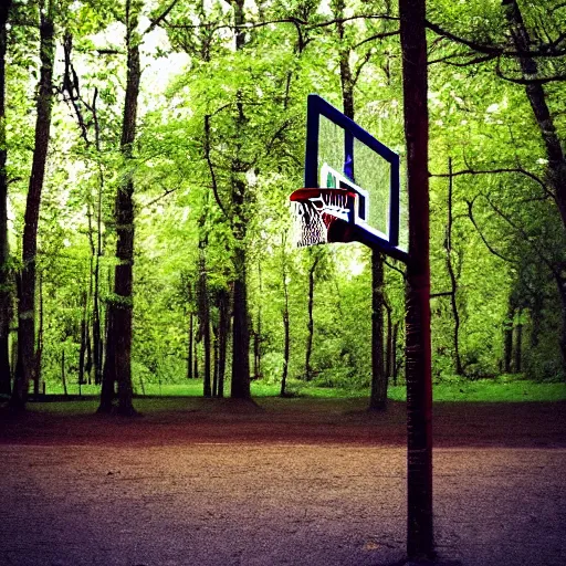 Prompt: basketball hoop in the forest, rain