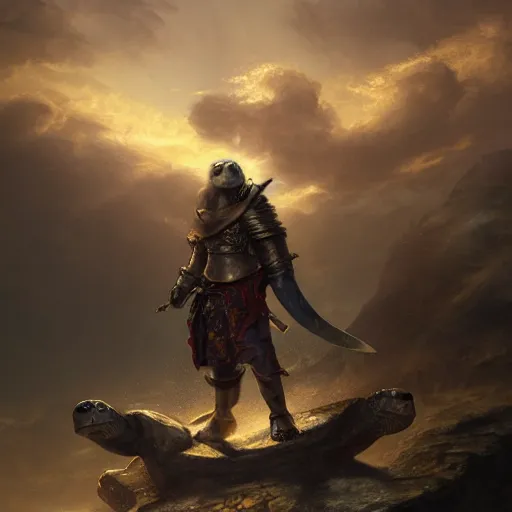 Image similar to a turtle hero raises his long sword high, dramatic light, arctic temple background, clouds, golden hour, high detail, fantasy background, painted by stanley lau, painted by greg rutkowski, painted by stanley artgerm, digital art, trending on artstation