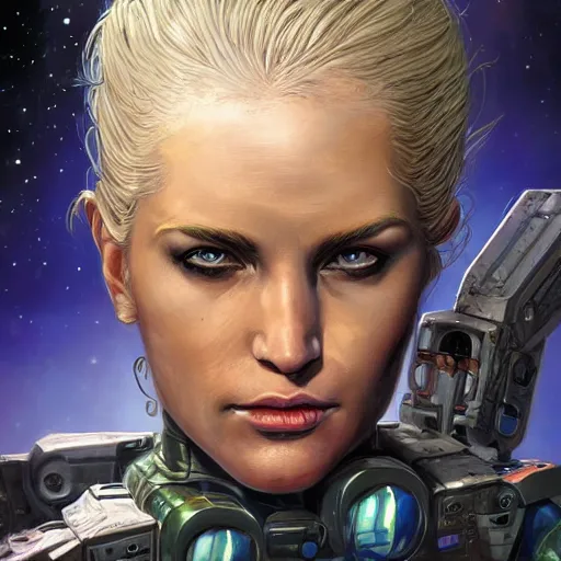 Prompt: a beautiful portrait of a space bounty hunter by Mark Brooks and Liam Sharp, trending on Artstation