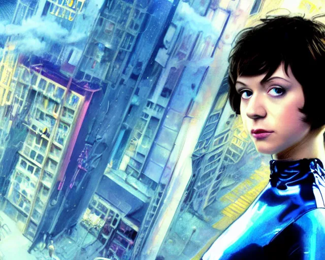 Image similar to 2 0 1 0 scott pilgrim vs. the world movie still girl look at the cityscape from roof perfect face fine realistic face pretty face reflective polymer suit tight neon puffy jacket blue futuristic sci - fi elegant by denis villeneuve tom anders zorn hans dragan bibin thoma greg rutkowski ismail inceoglu illustrated sand storm alphonse mucha