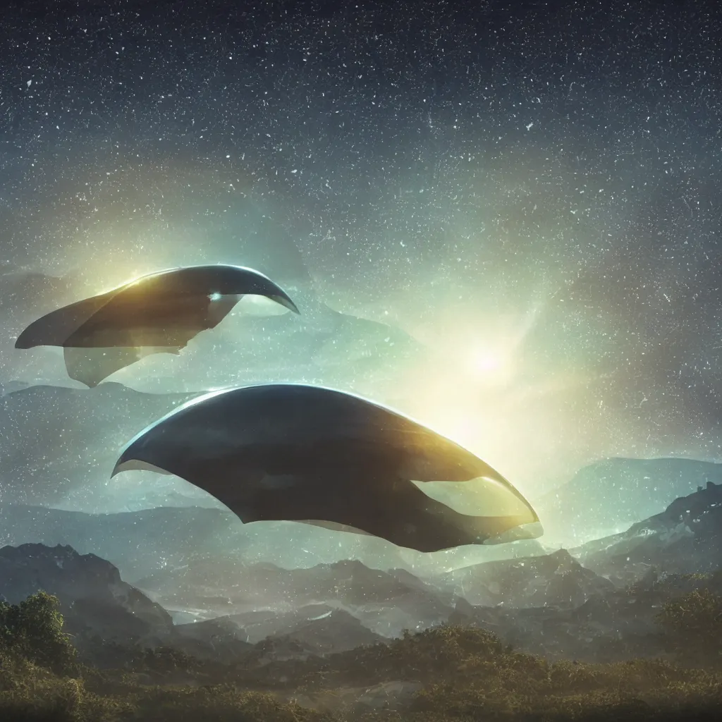 Prompt: organic transparent glass alien colossal manta ray mothership with searchlights flying over a mountainous alien landscape with visible galaxies in the sky, refraction, reflections, chromatic aberration, light scatter, ray tracing, golden hour, dramatic sci-fi movie still, high contrast, thrilling, awe inspiring, stunning