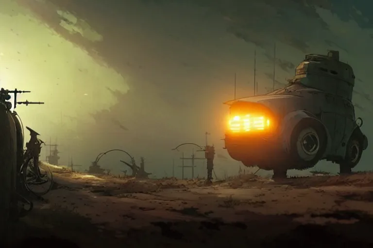 Image similar to dieselpunk post apocalyptic tvr cerbera : : speeding over the horizon : : painted by greg rutkowski makoto shinkai takashi takeuchi studio ghibli, akihiko yoshida