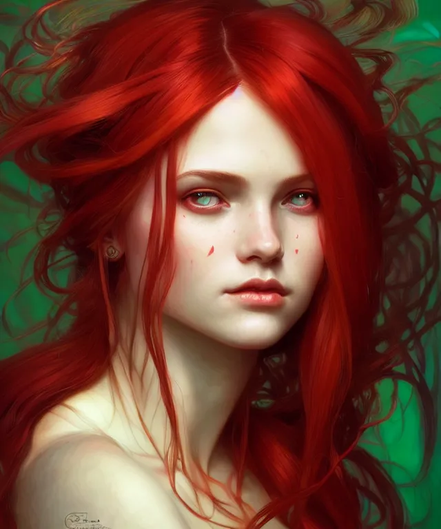 Prompt: Fae teenage girl, portrait, face, long red hair with green highlights, fantasy, intricate, elegant, highly detailed, digital painting, artstation, concept art, smooth, sharp focus, illustration, art by artgerm and greg rutkowski and alphonse mucha