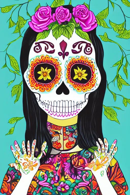 Image similar to illustration of a sugar skull day of the dead girl, art by naomi okubo