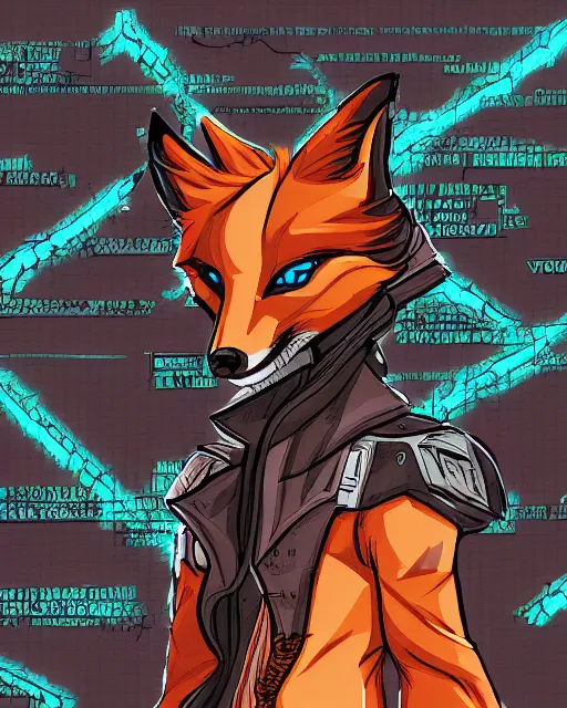 Prompt: a detailed illustration of an anthropomorphic fox cyberpunk tech - sorcerer, comic book style, trending on furaffinity