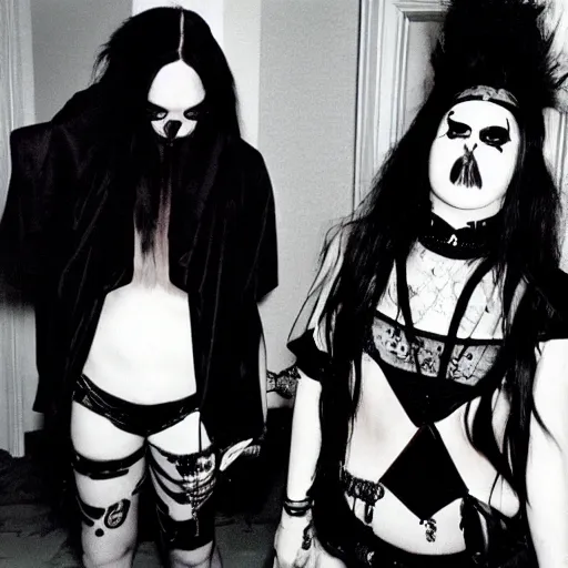 Prompt: sad goths hanging out in a hotel room, 1990s photograph