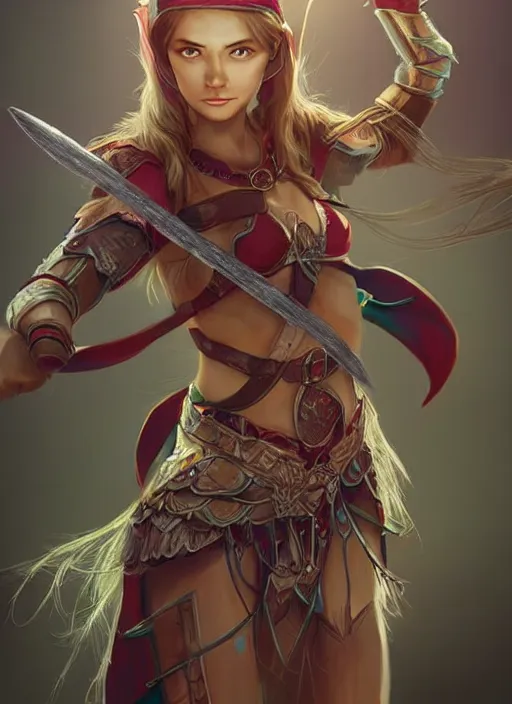 Image similar to hyper realistic painting, elf archer girl, elf armor, full body, rule of thirds, human proportion, good anatomy, beautiful face, conceptart, saturated colors, cinematic, artstation, pinterest, cgsociety