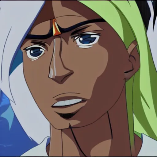 Image similar to Tupac Shakur, screenshot from a 2012s anime