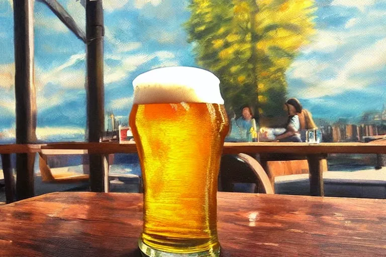 Image similar to beer, cafe, fantasy, painting, ultra realistic!!!, clear weather, golden hour, sharp focus