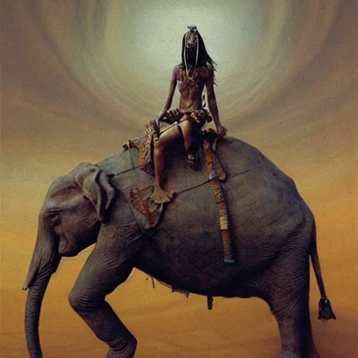 Image similar to tribal warrior riding a war elephant concept art, by beksinski