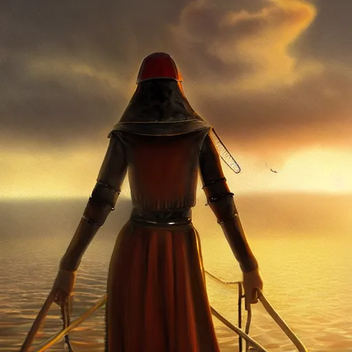 Image similar to portrait of a ship on the sea with a medieval woman ship pilot from behind, dramatic golden sunset with storm clouds, wearing shiny breastplate, dynamic lighting, hyperrealistic, artstation