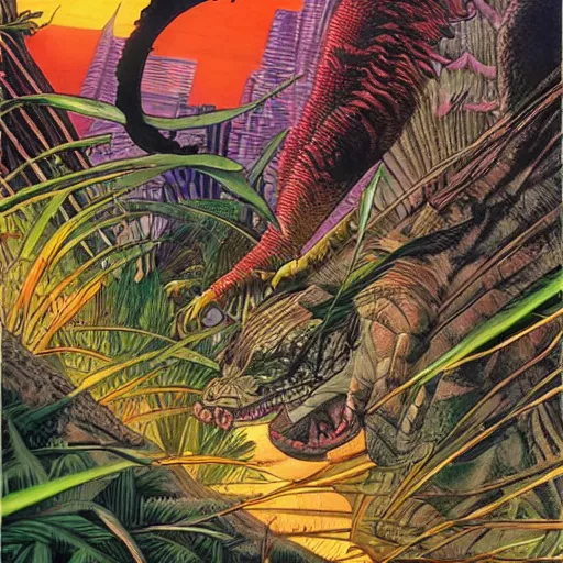 Image similar to a hybrid animal that is half alligator and half tiger in a futuristic city scape on the edge of the jungle, rule of thirds, painting style of jean giraud and moebius and don lawrence and alex ross