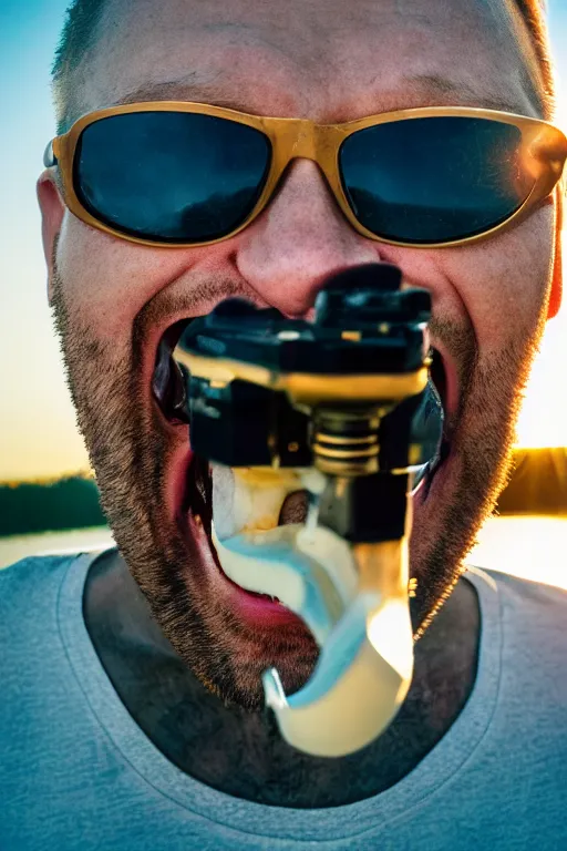 Image similar to a photograph of a man unhinging his jaw to eat the sun, 4 k image, golden hour, sigma lens, sourced by nasa, drone photograph, real, scary