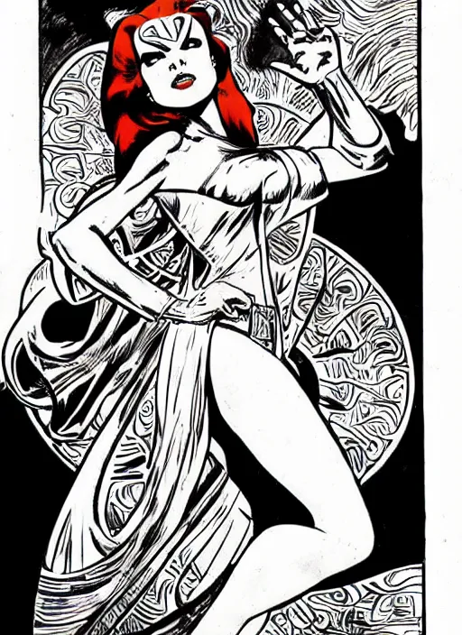 Image similar to a woman with red hair. she is a superhero, wearing a superhero costume. well composed, clean elegant painting, beautiful detailed face. retro comic book art by steve ditko and jack kirby and ( alphonse mucha )