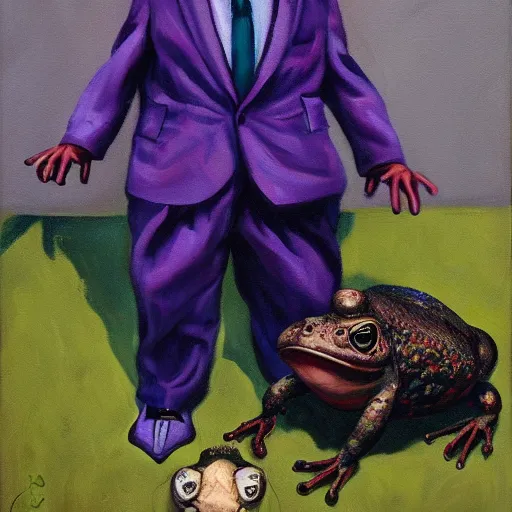 Image similar to Portrait of a psychotic crossbreed between a rabid dog and a toad, in a purple suit, oil painting