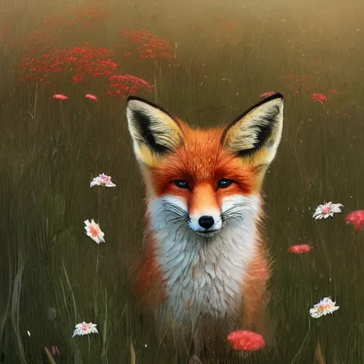 Image similar to a portrait of a cute fox in a field of beautiful flowers, by stanley lau and greg rutkowski