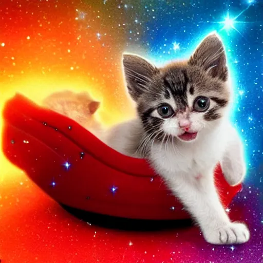 Image similar to a kitten wearing a red cape floating through galaxies of space on a recliner chair, cosmic rays, dramatic lighting, spirals galaxies