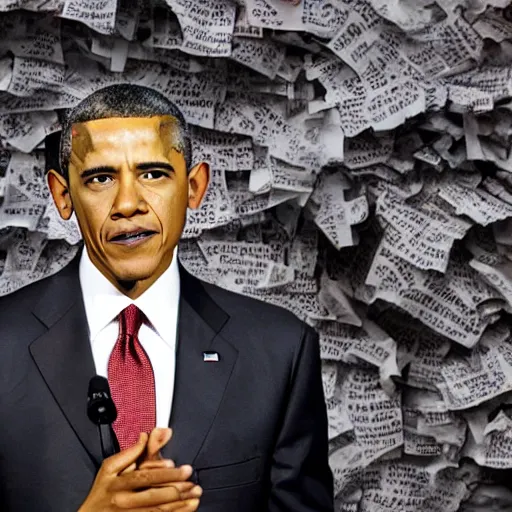 Image similar to film still cnn obama nervously standing next to a mountain of papers, 4 k