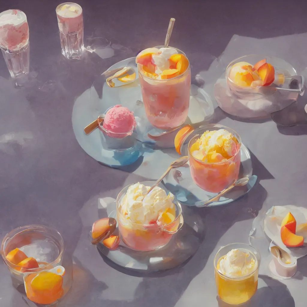 Image similar to a still life painting of cold drinks, ice cream, peach embellishment, in the style of makoto shinkai, dreamy, soft, global illumination, radiant light, intricate environment, luminescence, highly detailed, 8 k