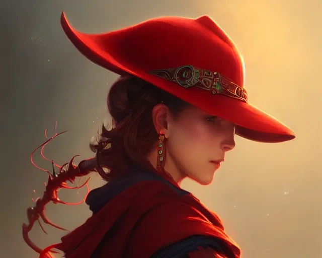 Image similar to red hat wizard, deep focus, d & d, fantasy, intricate, elegant, highly detailed, digital painting, artstation, concept art, matte, sharp focus, illustration, hearthstone, art by artgerm and greg rutkowski and alphonse mucha