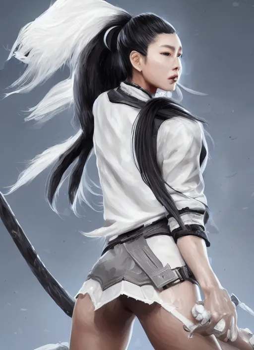 Prompt: a highly detailed illustration of fierce tall amazon messy ponytail black haired one armed delinquent japanese woman wearing uniform white cap wearing long white jacket with cape, muscular, intricate, elegant, highly detailed, centered, digital painting, artstation, concept art, smooth, sharp focus, league of legends concept art, wlop.