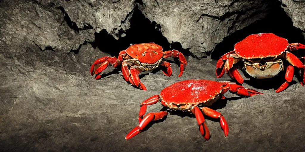 Prompt: crabs feeding on graphic carrion inside of a dark cave, cultic, ritual, extremely detailed, photorealistic, 4 k, 8 k