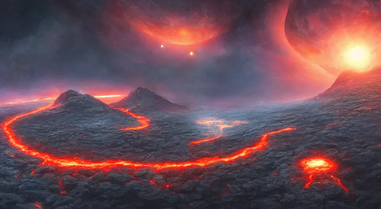 Image similar to hyper realistic matte painting of hot lava flat earth planet in the outer space, highly detailed, trending on artstation, concept art, sharp focus, art by jan matejko