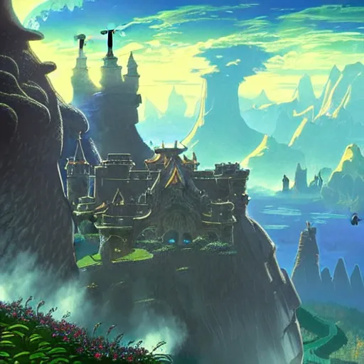 Image similar to An imposing and highly ornamented fantasy castle, Carved from Sapphire stone, Atmosphere, Dramatic lighting, Beautiful Landscape, Epic composition, Wide angle, by Miyazaki, Nausicaa Ghibli, Breath of The Wild