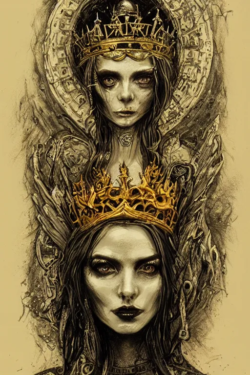 Image similar to Portrait of the Queen of Entropy wearing a crown, high fantasy, gothic, black paper, dark atmosphere, skulls, detailed, cinematic, ornate, tarot card, highly detailed, ink illustration, Guy Denning, Anato Finnstark, golden ratio, 8k,